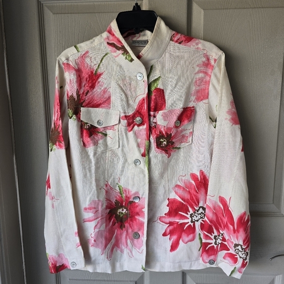 Chico's Floral 100% Linen Shirt Pink Green Long Sleeve ButtonUp Coastal - Picture 3 of 14